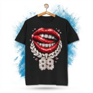 T-Shirt Urban "Bling 89" Nera con Labbra e Diamanti - Trend Virale TikTok